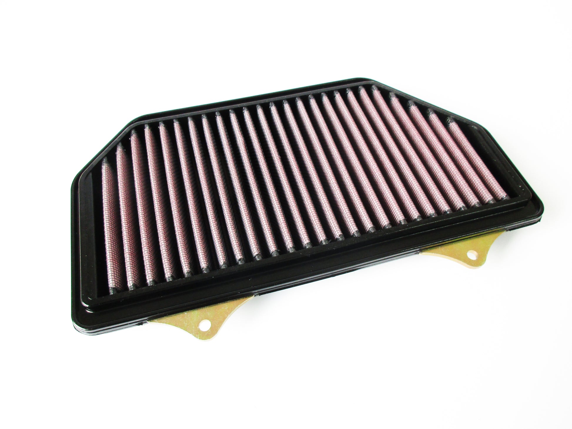 A motorcycle or air filter with, a black PU frame and pleated media, shown on a white background.