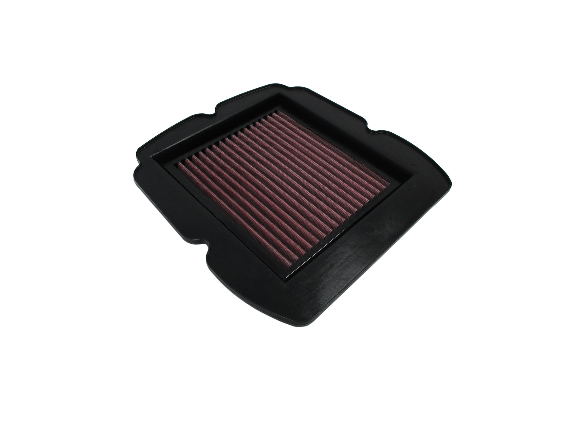 A square-shaped black PU motorcycle air filter with pleated red media, shown on a plain white background.