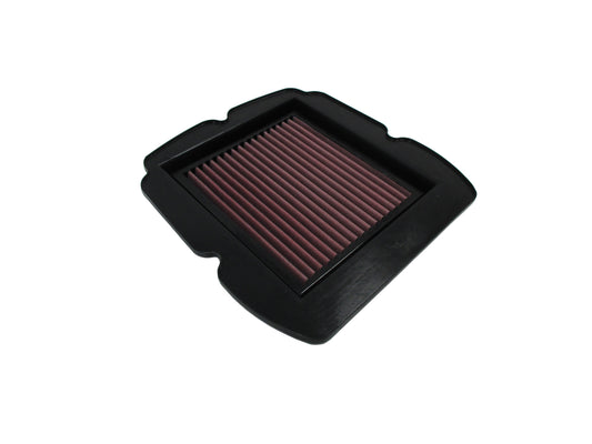 A square-shaped black PU motorcycle air filter with pleated red media, shown on a plain white background.