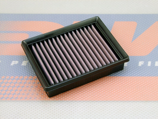 A Motorcycle air filter, with pleated media and a black PU frame, shown on a DNA logo themed mat. 