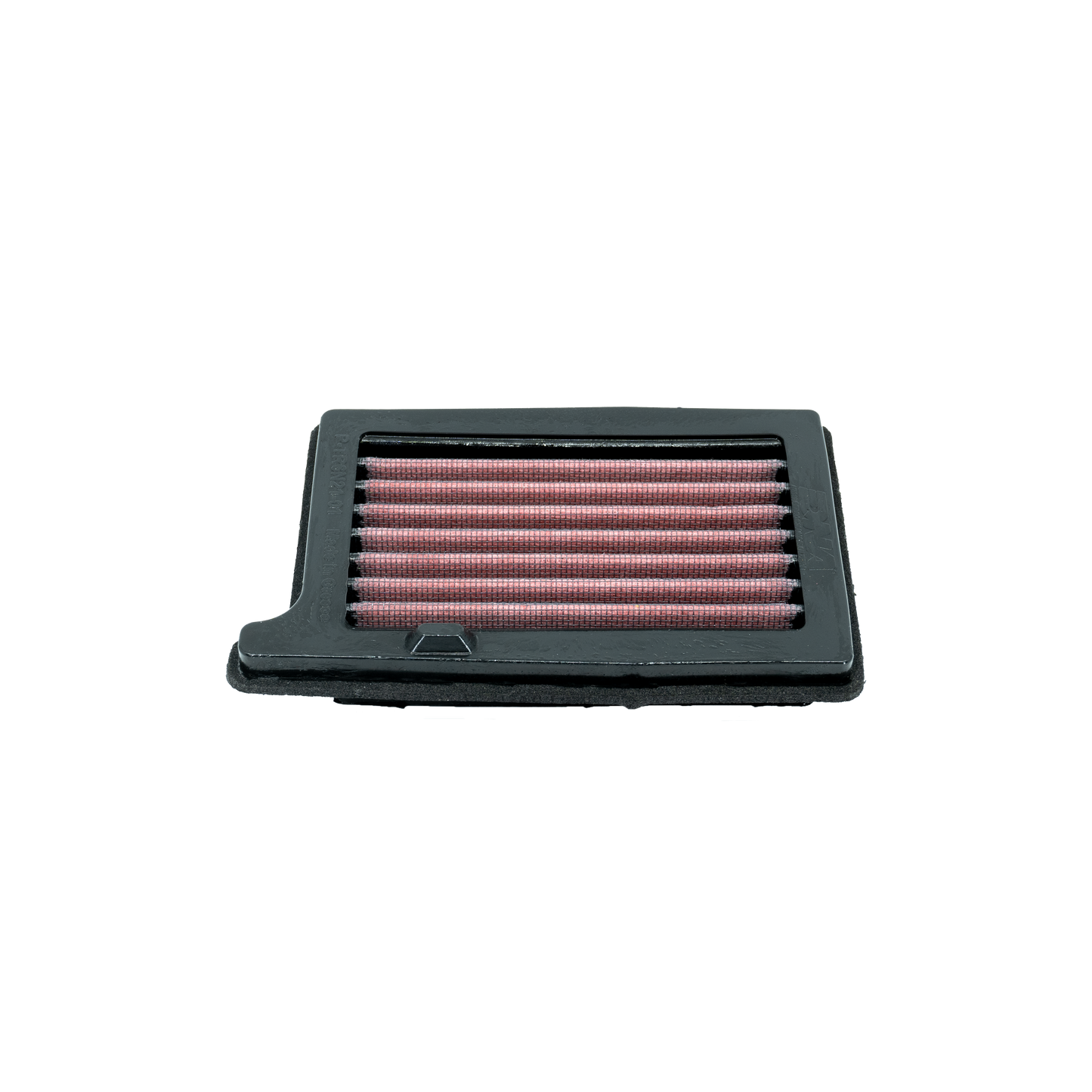 A rectangular motorcycle air filter with a black PU frame, and pleated red filter media, shown on a plain white background.