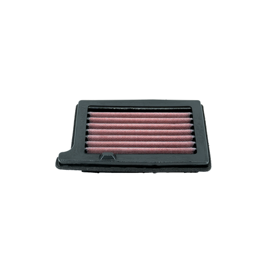 A rectangular motorcycle air filter with a black PU frame, and pleated red filter media, shown on a plain white background.
