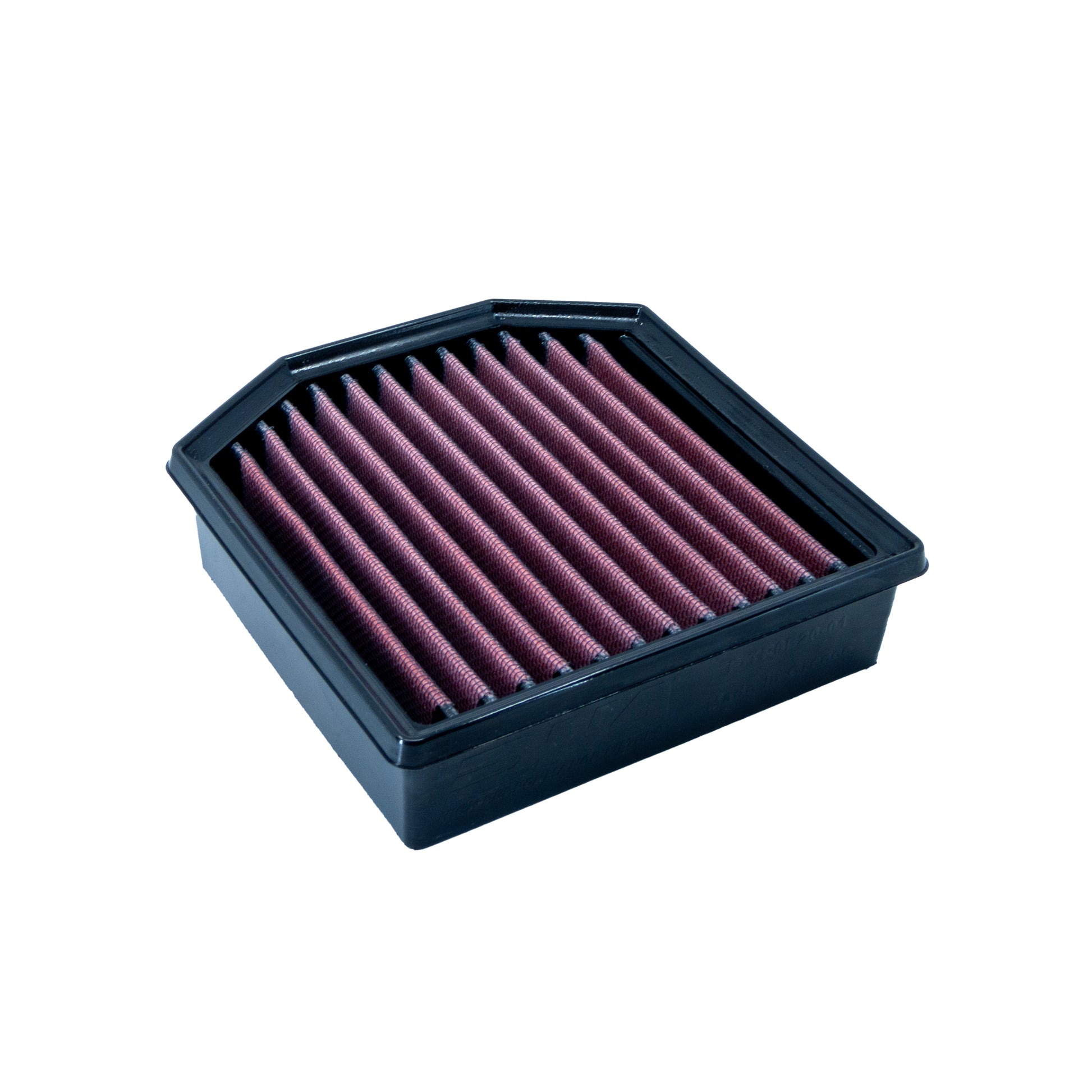 A rectangular motorcycle air filter with a dark PU, with red pleated media, shown on a plain white background.