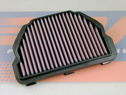 A black PU motorcycle air filter, pleated with red media, shown on a DNA logo themed background. 