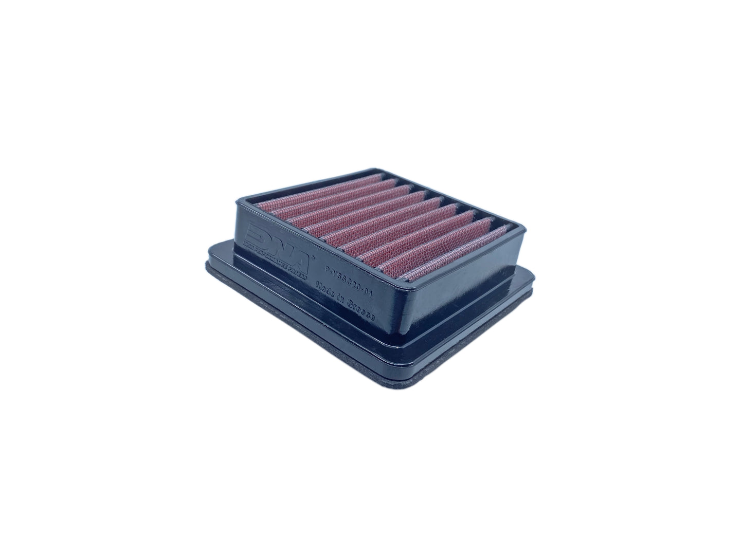 A square motorcycle air filter with a black PU, and pleated red media, shown on a plain white background.
