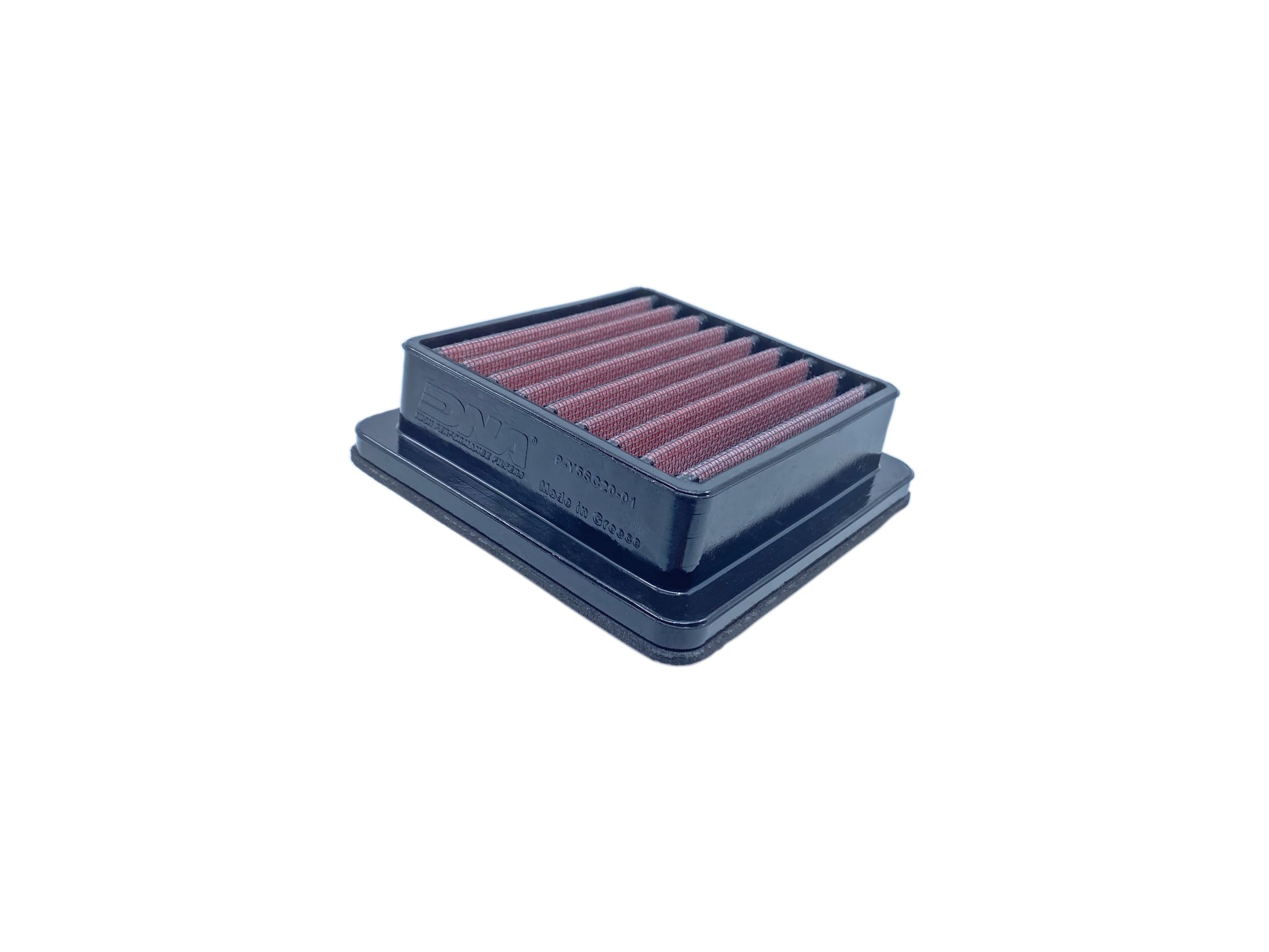 A square motorcycle air filter with a black PU, and pleated red media, shown on a plain white background.