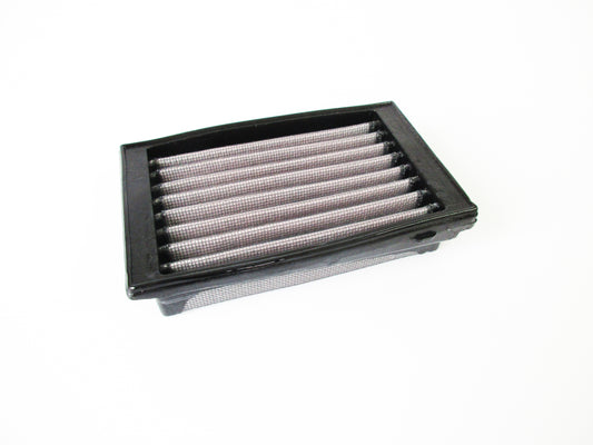 A rectangular motorcycle air filter with a black PU, and pleated media, shown on a plain white background.