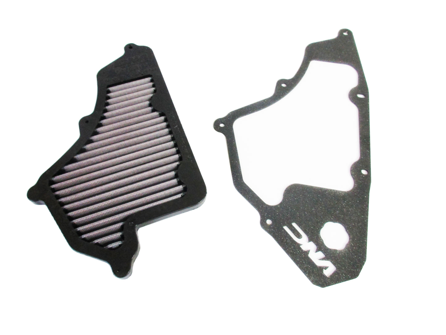 A black air filter element with pleated filter media next to a matching gasket featuring a 'DNA' logo, displayed on a clean white background.