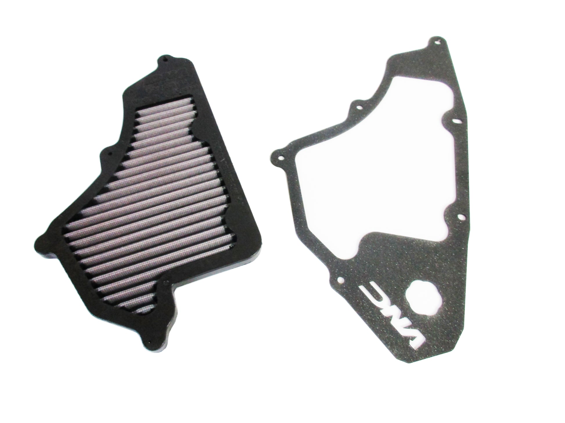 A black air filter element with pleated filter media next to a matching gasket featuring a 'DNA' logo, displayed on a clean white background.
