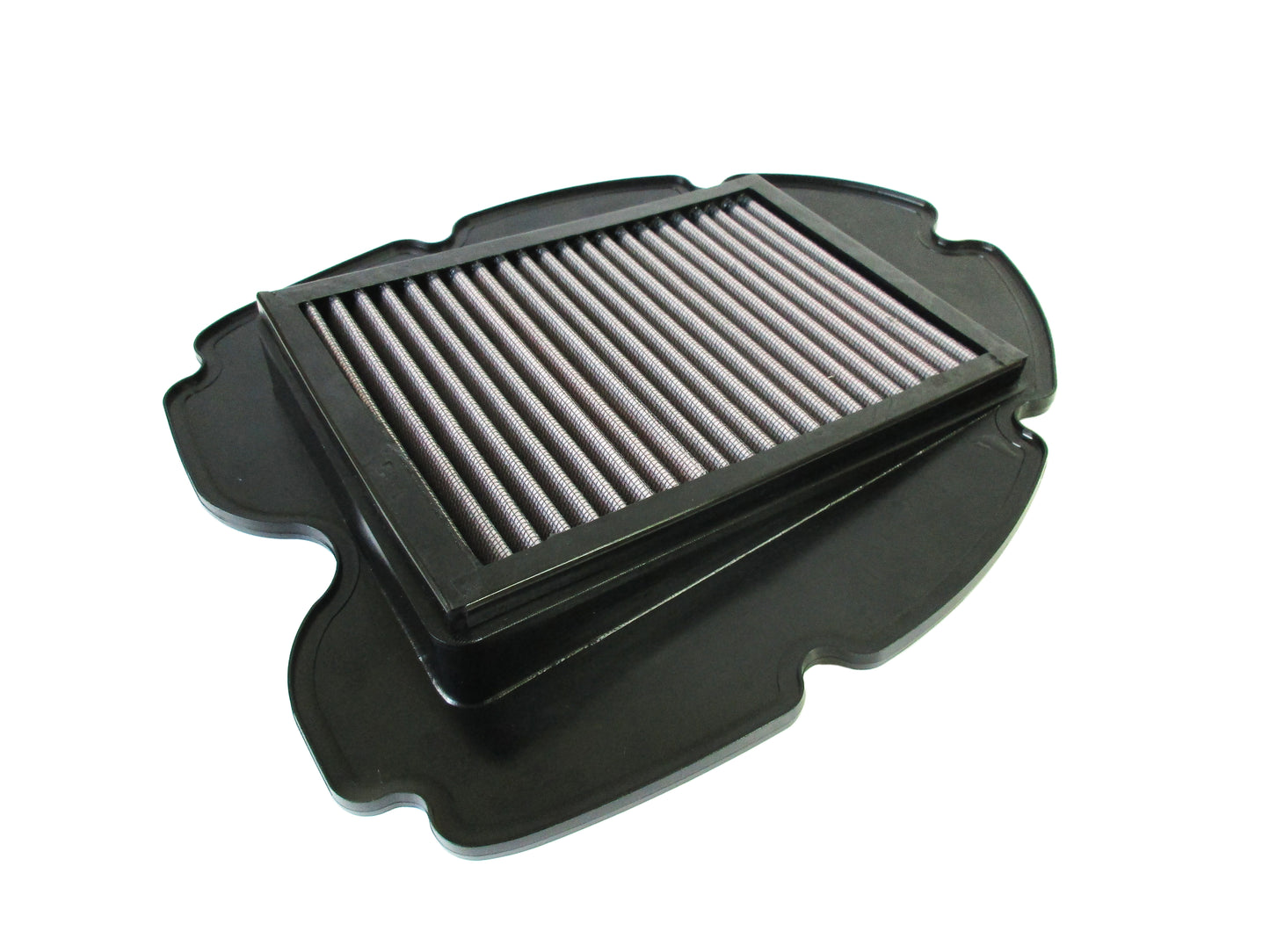 A black rectangular air filter with pleated media, shown on a plain white background.
