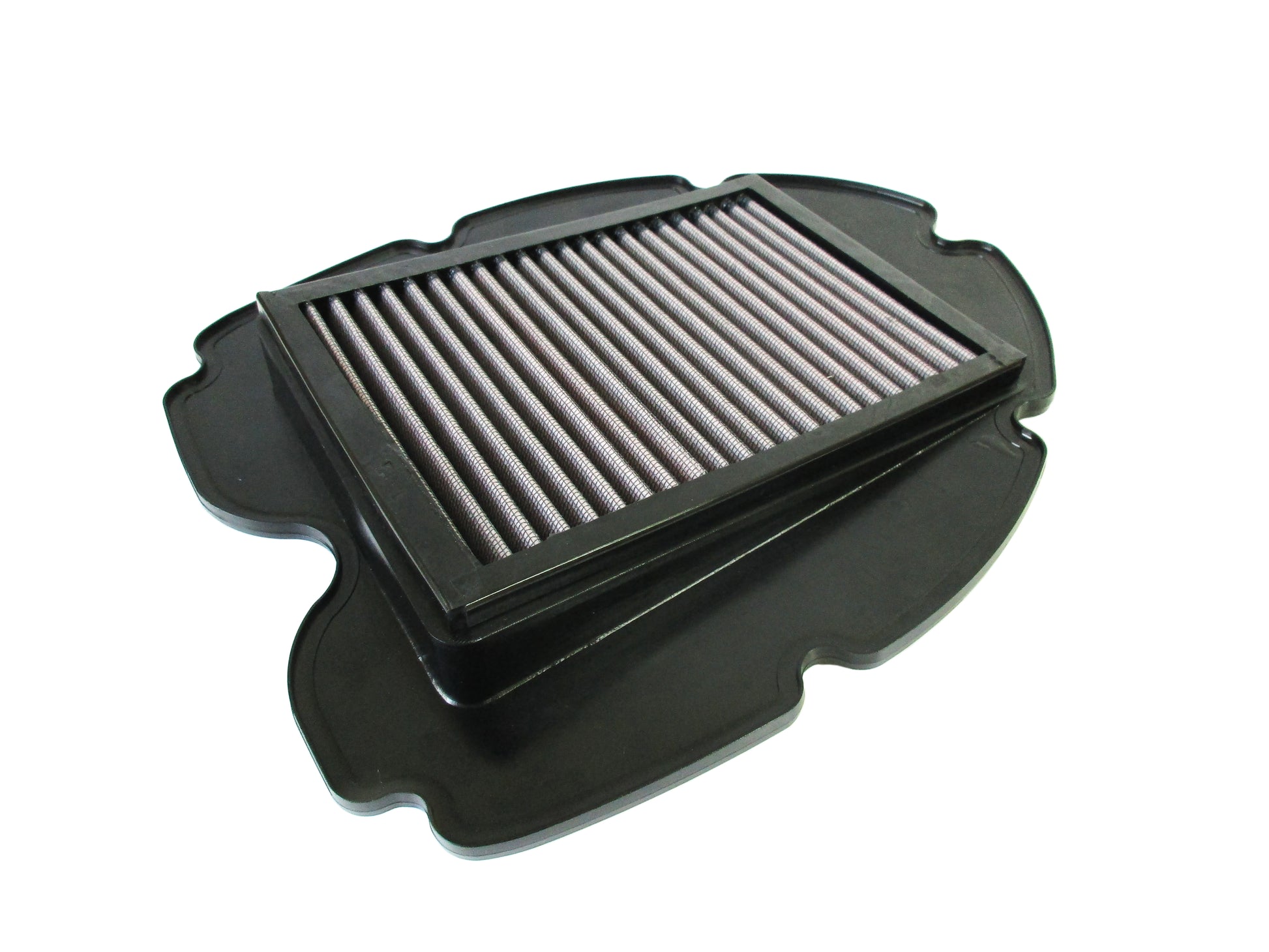 A black rectangular air filter with pleated media, shown on a plain white background.