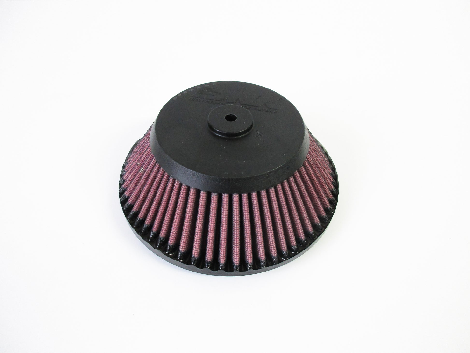 A cone-shaped air filter, with a black PU top cap and pleated red filter media, shown on a plain white background.
