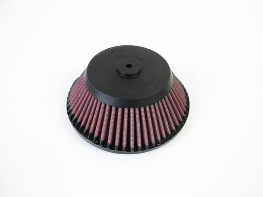 A cone-shaped air filter, with a black PU top cap and pleated red filter media, shown on a plain white background.