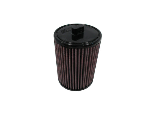 A cylindrical motorcycle air filter with a pleated red media, a black PU top cap, shown on a plain white background.