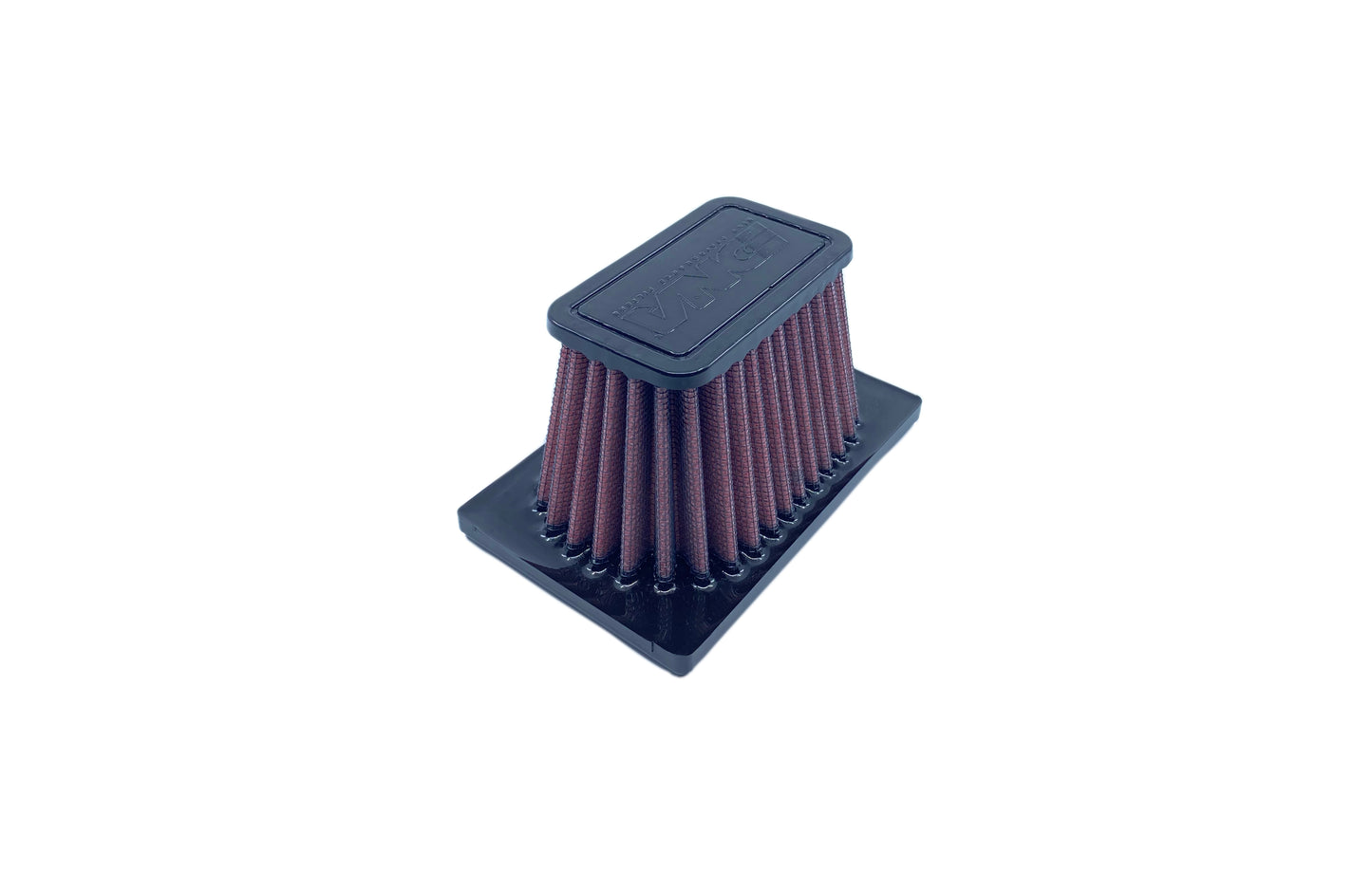 A rectangular motorcycle air filter with pleated red media, and a Black PU top and base, shown on a plain white background.
