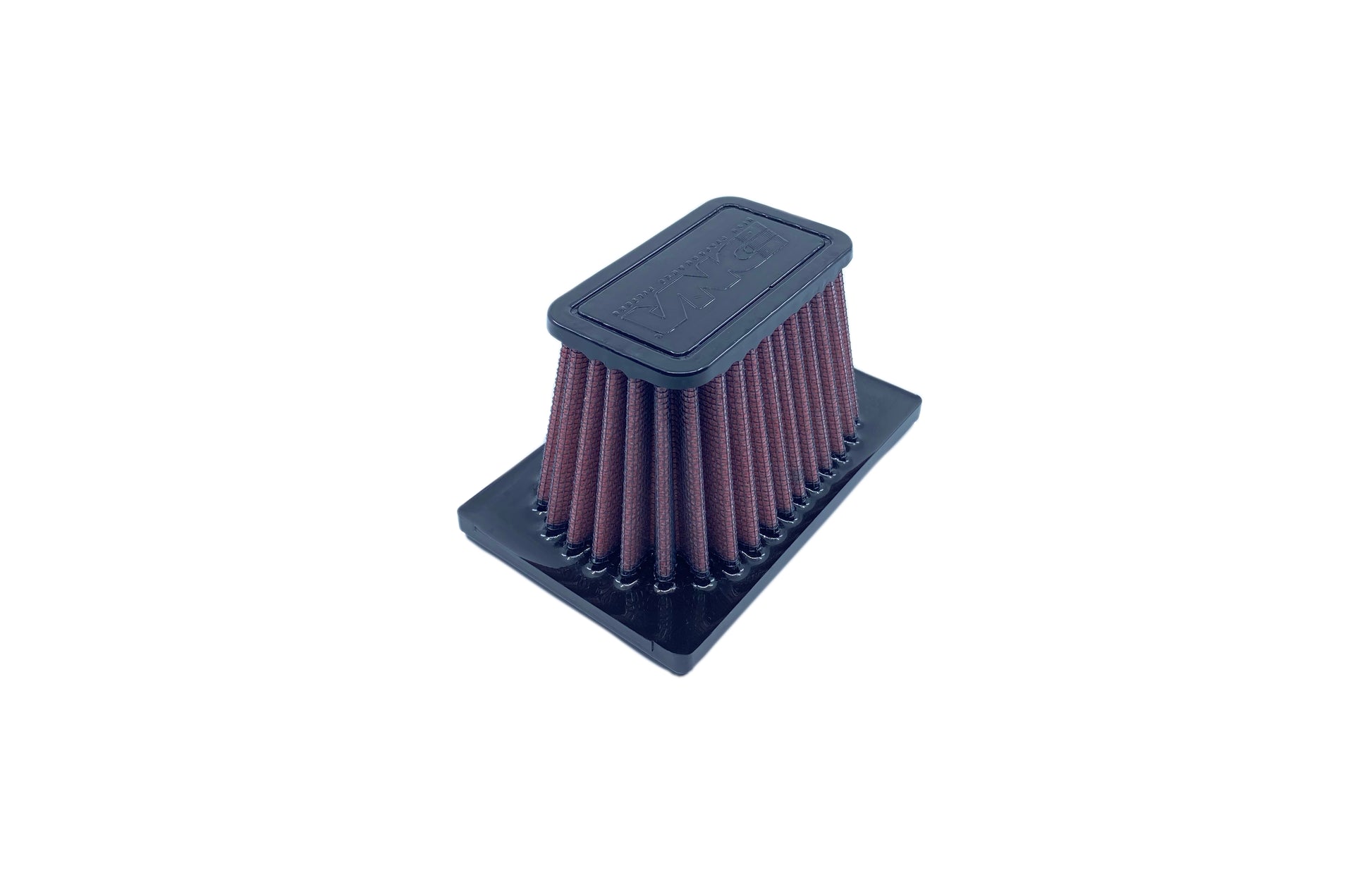 A rectangular motorcycle air filter with pleated red media, and a Black PU top and base, shown on a plain white background.