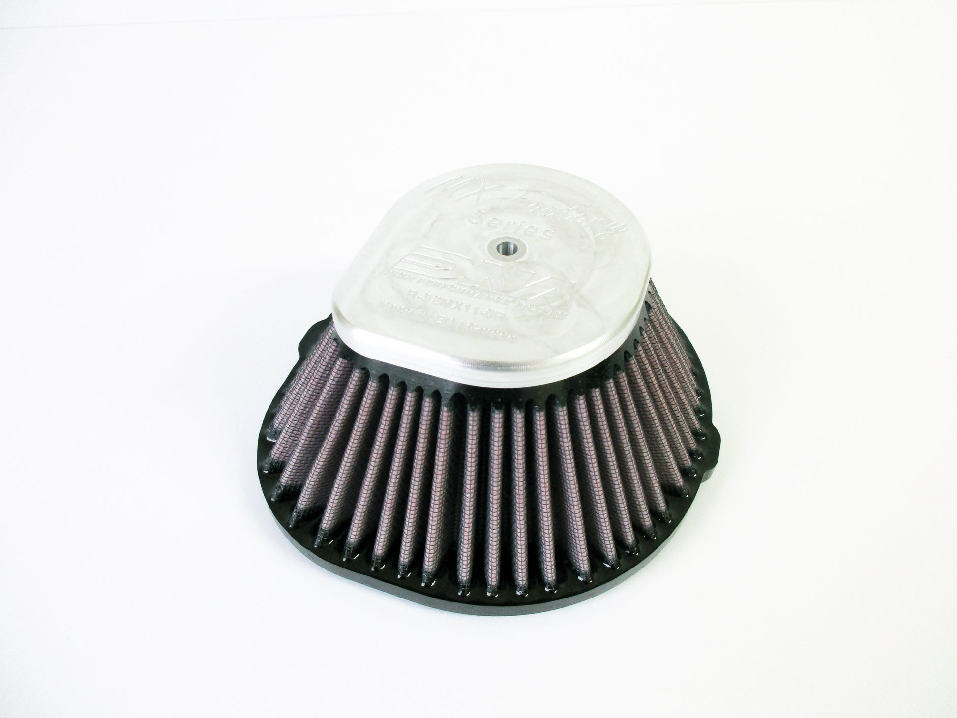 A cone-shaped motocross air filter with a pleated filter media, and a grey metal top cap, shown on a plain white background.