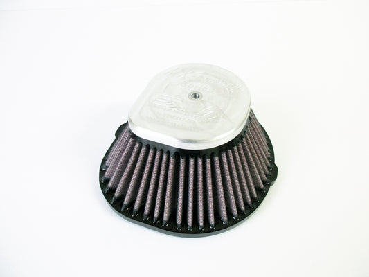 A cone-shaped motocross air filter with a pleated filter media, and a grey metal top cap, shown on a plain white background.