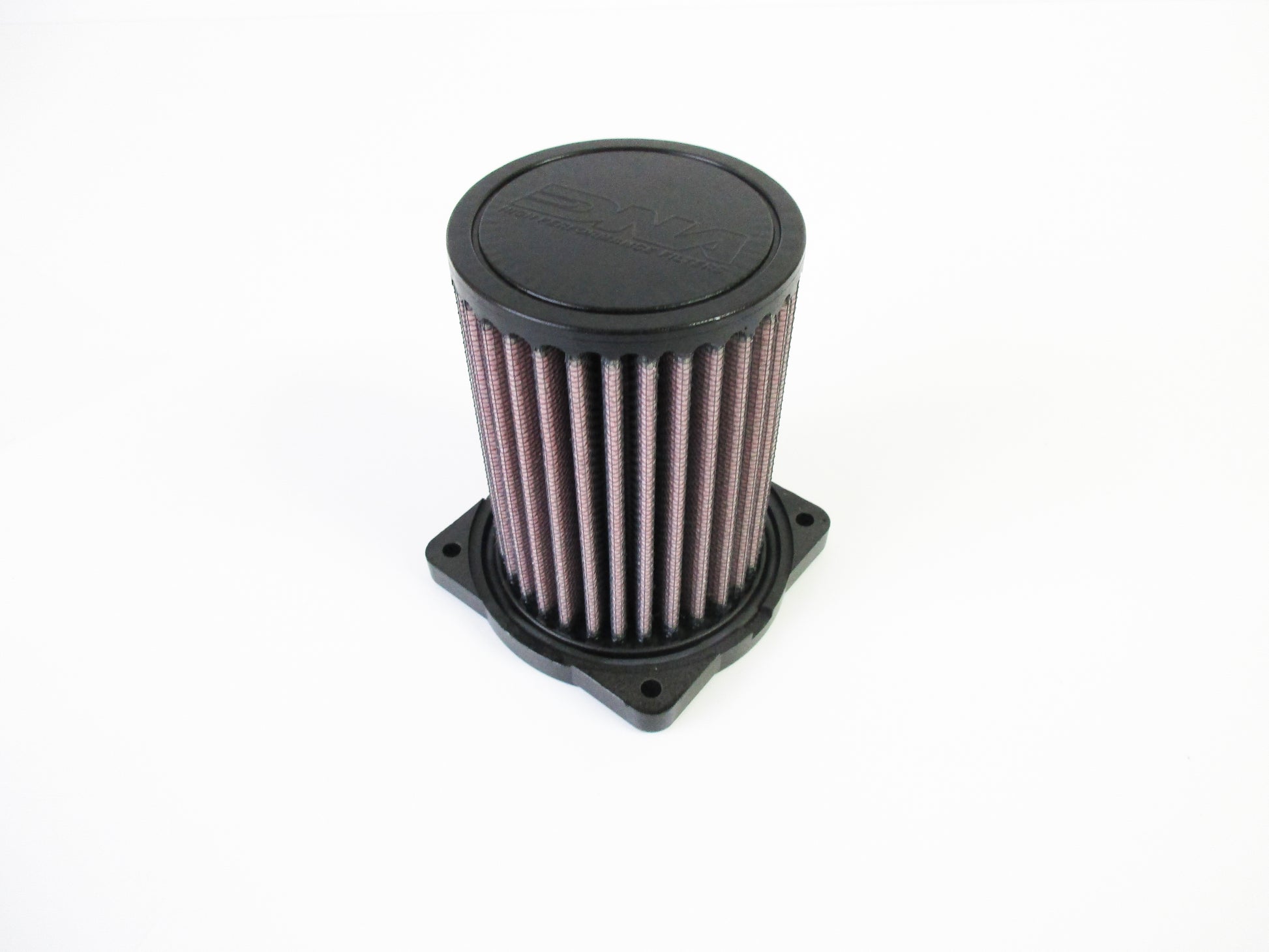 A cylindrical Motorcycle air filter with a black top cap and square base, featuring pleated filter media, shown on a plain white background.