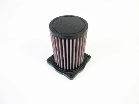 A cylindrical Motorcycle air filter with a black top cap and square base, featuring pleated filter media, shown on a plain white background.