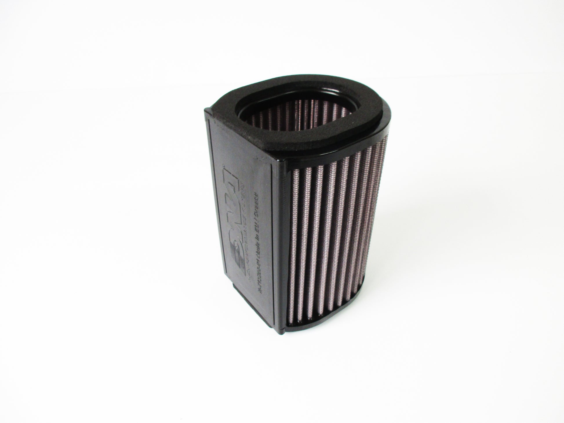 A cylindrical motorcycle air filter with a black PU, and pleated filter media, shown on a plain white background.