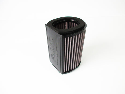 A cylindrical motorcycle air filter with a black PU, and pleated filter media, shown on a plain white background.