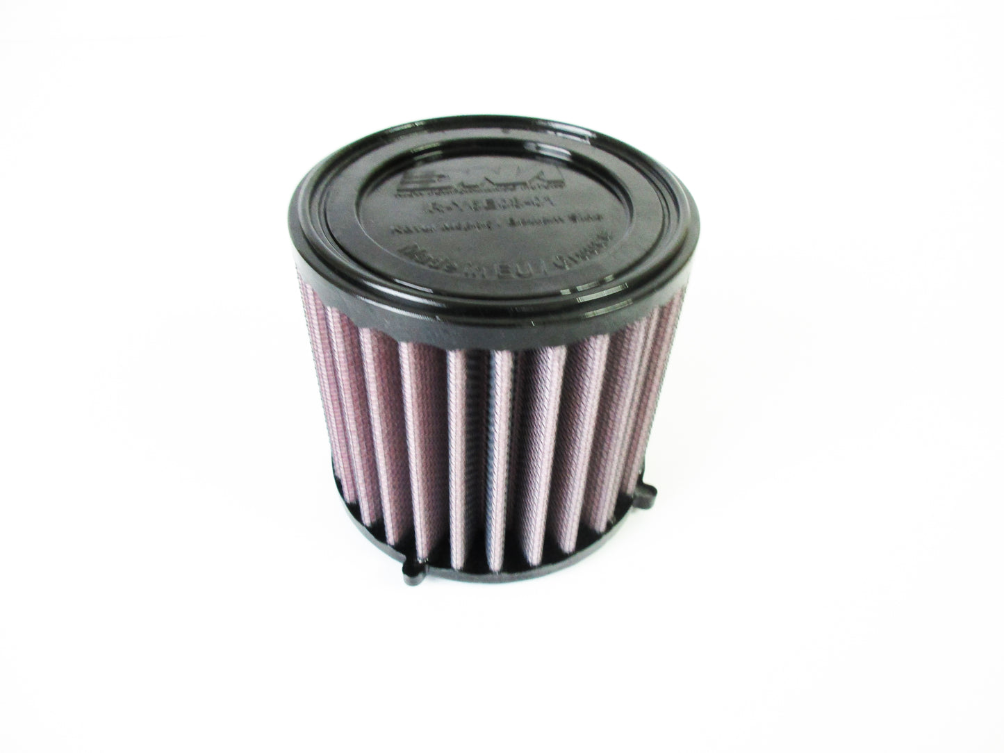 A cylindrical motorcycle air filter with pleated media, and black PU end caps, shown on a plain white background.