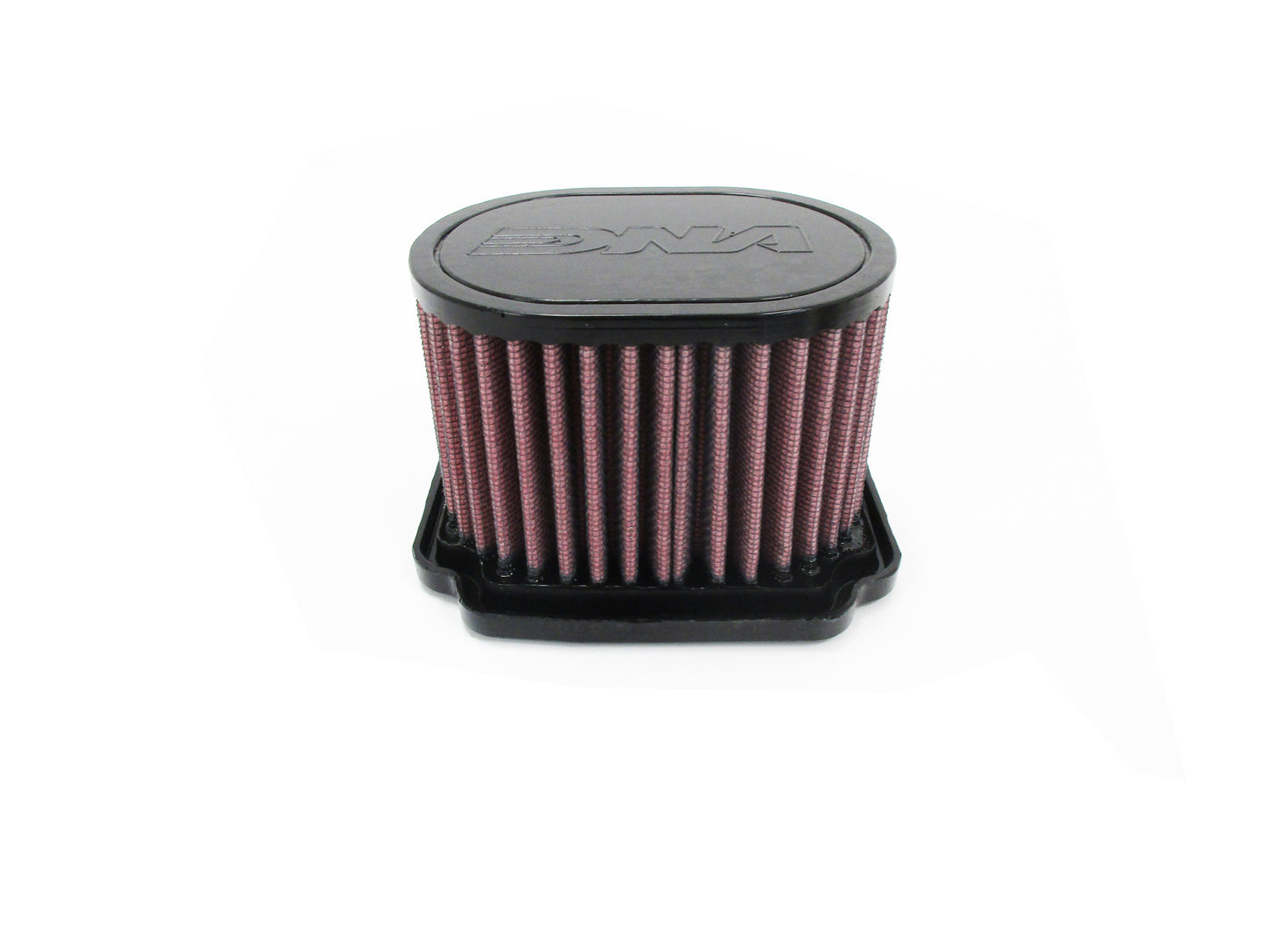 A round motorcycle air filter, with a black top cap featuring an embossed DNA logo and pleated red media, set against a plain white background.