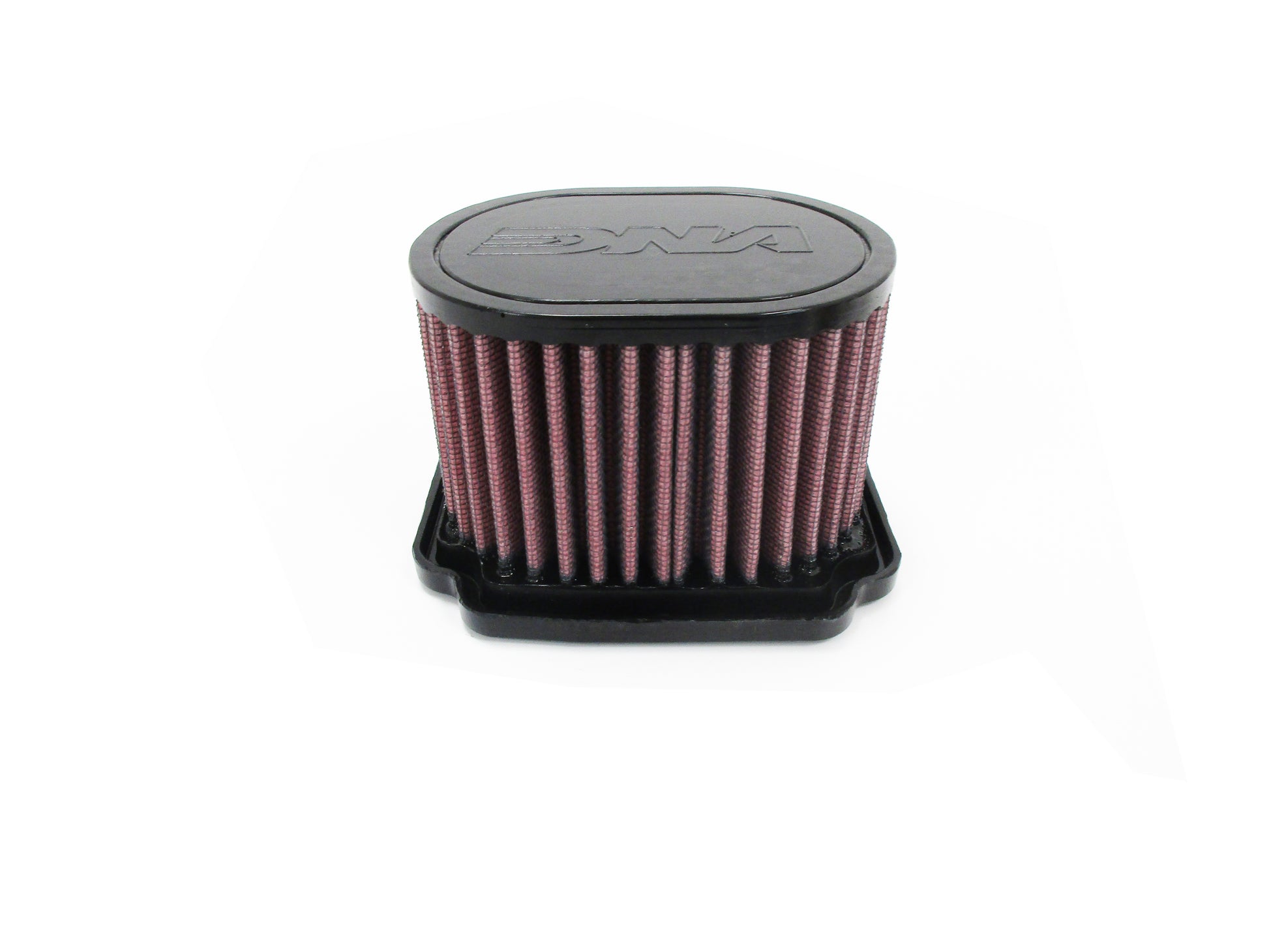 A round motorcycle air filter, with a black top cap featuring an embossed DNA logo and pleated red media, set against a plain white background.