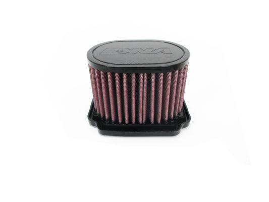 A round motorcycle air filter, with a black top cap featuring an embossed DNA logo and pleated red media, set against a plain white background.