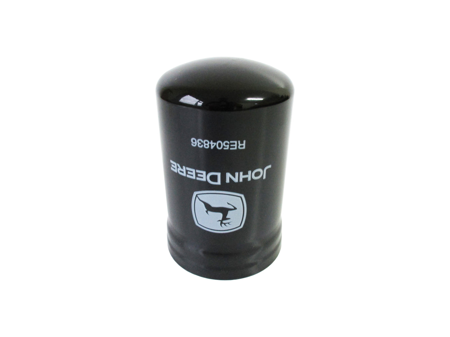 A black cylindrical John Deere filter cartridge with RE504836 white printed text and logo, isolated on a white background.