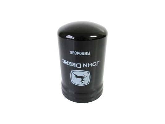 A black cylindrical John Deere filter cartridge with RE504836 white printed text and logo, isolated on a white background.