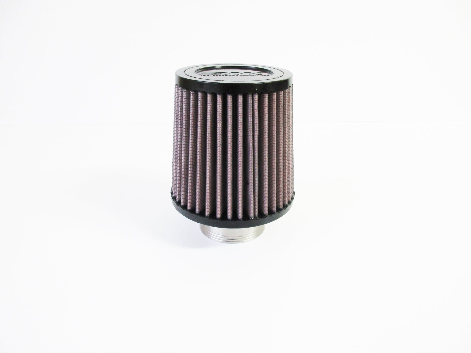 A cylindrical universal air filter with pleated filter media, black top, and a grey metal threaded base, shown on a clean white background.