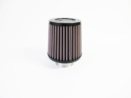 A cylindrical universal air filter with pleated filter media, black top, and a grey metal threaded base, shown on a clean white background.