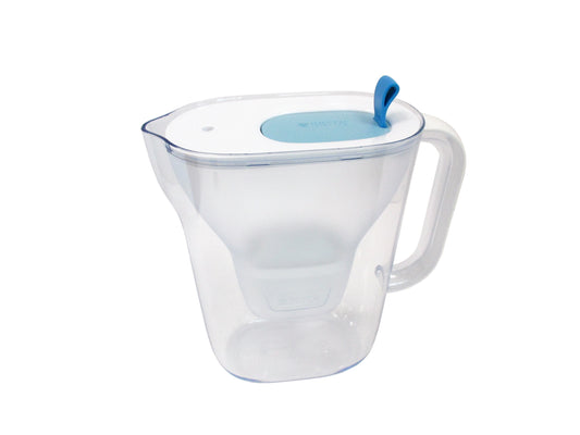 A clear plastic water filter jug with a white handle, and a light blue lid section, featuring a pour spout, shown on a plain white background.