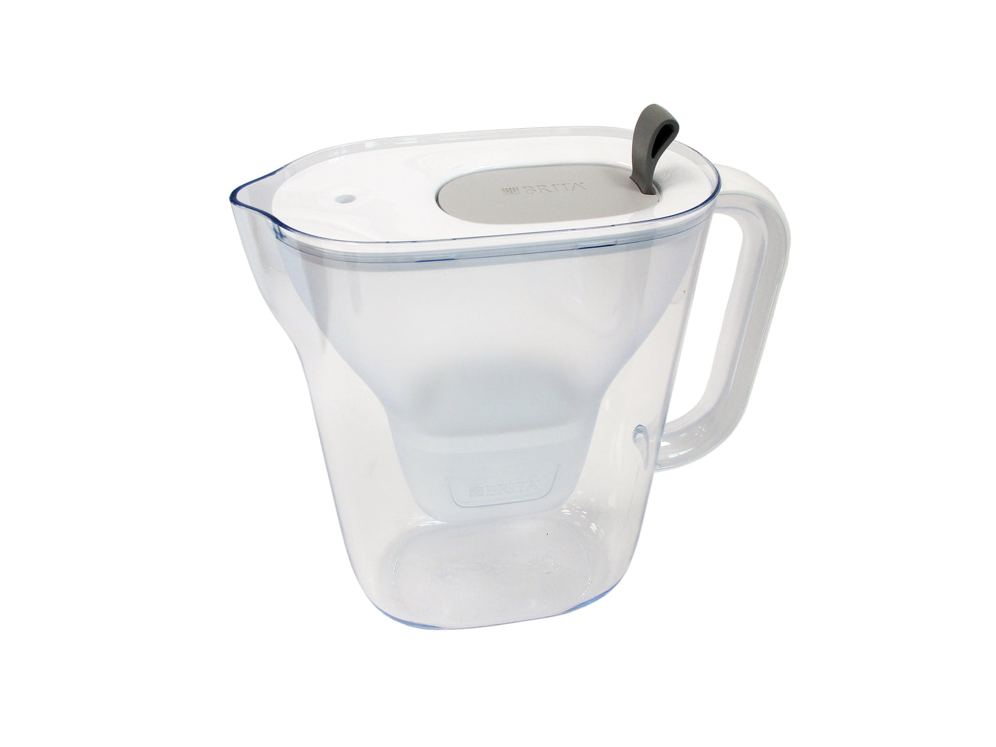 A clear plastic water filter jug with a white lid, featuring a grey and black section on the top, and a white handle, shown on a white background.