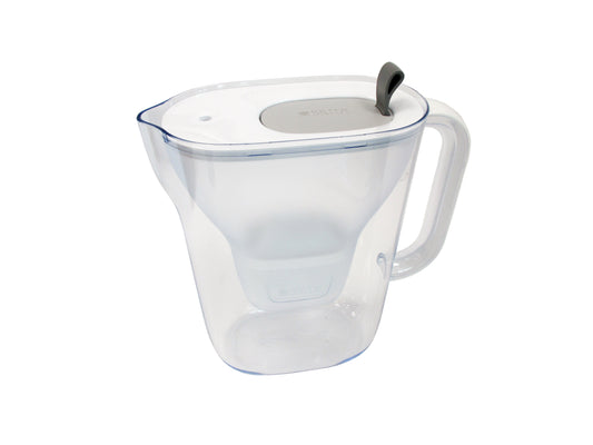A clear plastic water filter jug with a white lid, featuring a grey and black section on the top, and a white handle, shown on a white background.