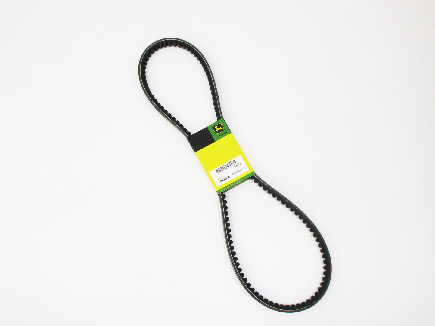 A black rubber belt with a bright yellow-green paper label featuring the John Deere logo, photographed on a clean white background.