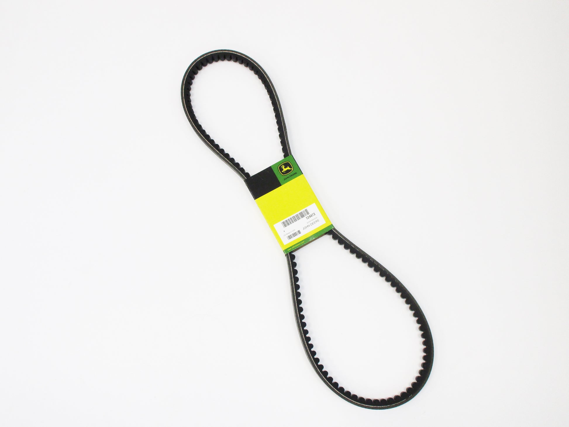 A black rubber belt with a bright yellow-green paper label featuring the John Deere logo, photographed on a clean white background.