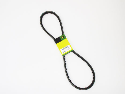 A black rubber belt with a bright yellow-green paper label featuring the John Deere logo, photographed on a clean white background.