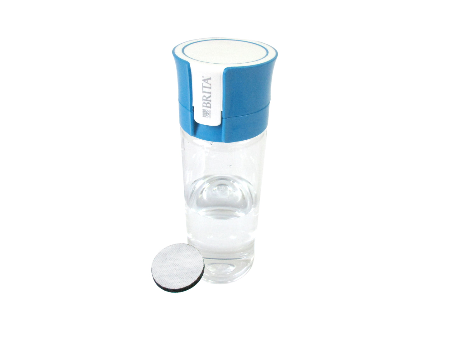 A Brita water filter bottle with a blue and white lid, a clear plastic body, and a separate white filter cartridge placed in front, set against a plain white background.