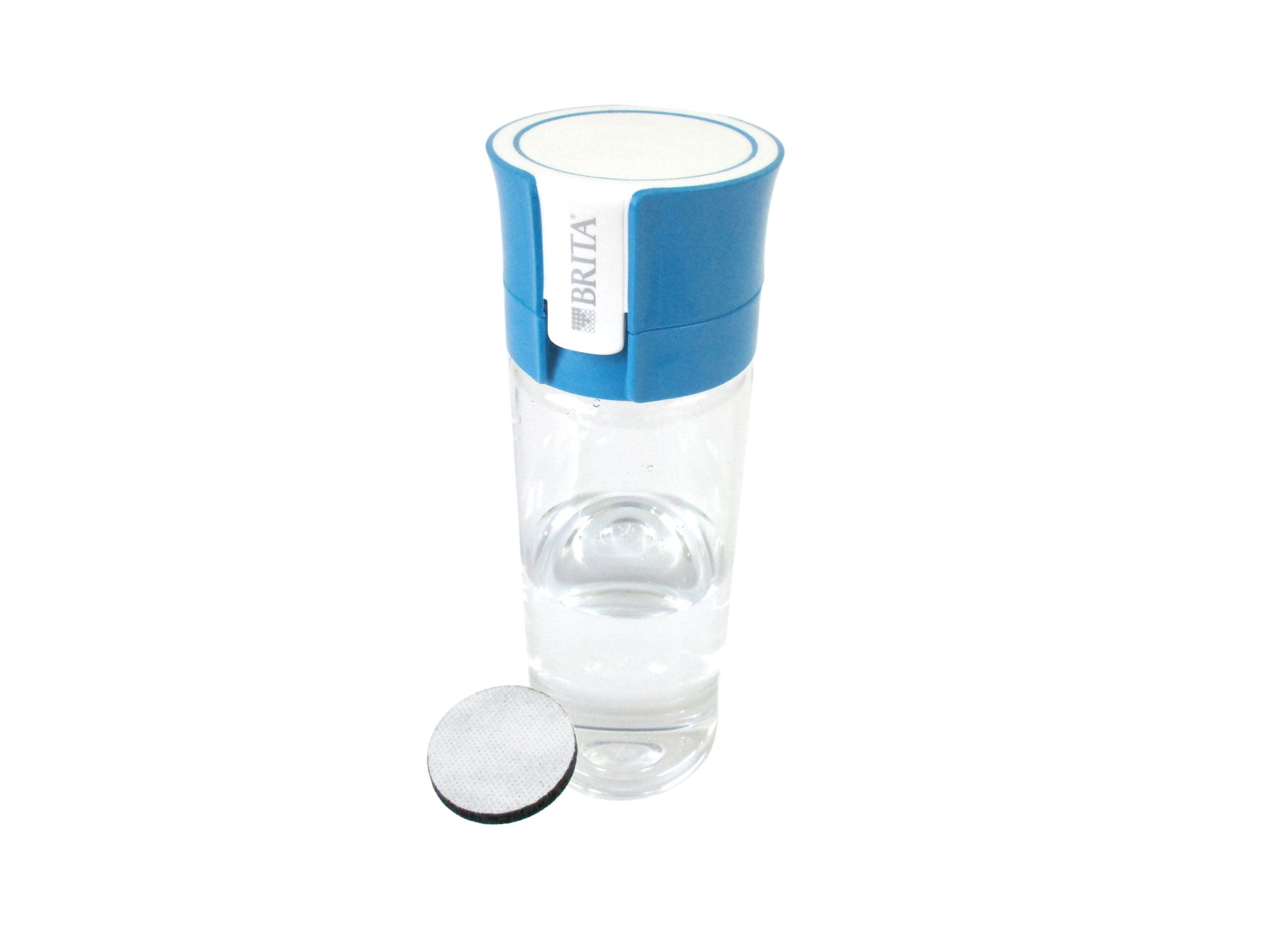A Brita water filter bottle with a blue and white lid, a clear plastic body, and a separate white filter cartridge placed in front, set against a plain white background.
