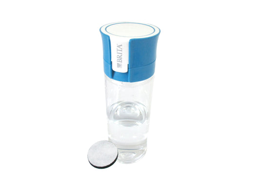 A Brita water filter bottle with a blue and white lid, a clear plastic body, and a separate white filter cartridge placed in front, set against a plain white background.