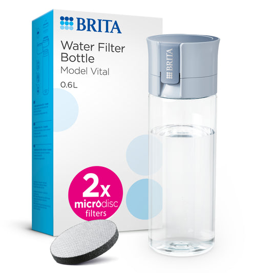 BRITA Water Filter Bottle Model Vital 0.6L in clear plastic, with a pastel blue cap, shown next to its white and blue retail box, and a round filter disc on a white background.