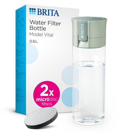 BRITA Water Filter Bottle Model Vital 0.6L in clear plastic, with a sage green cap, shown next to its white and blue retail box, and a round filter disc on a white background.