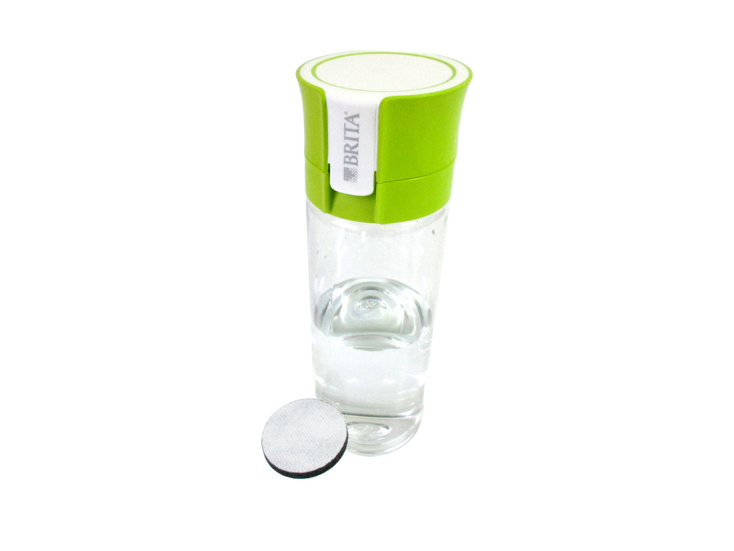 A Brita water filter pitcher with a bright green lid and clear plastic body, shown with a round filter cartridge placed in front on a white background.