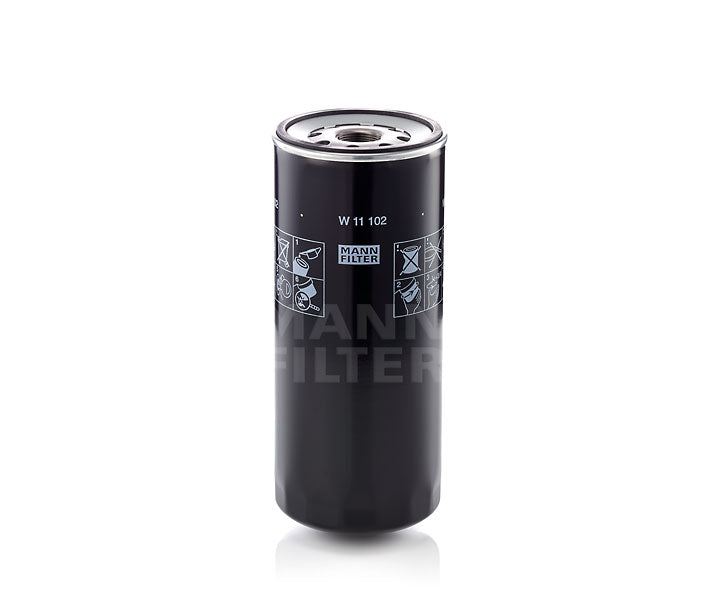 A black cylindrical oil filter with a grey metal top, featuring printed white text 'W 11 102' and 'MANN FILTER' on the front, set against a plain white background.