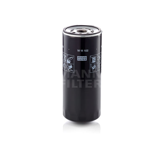 A black cylindrical oil filter with a grey metal top, featuring printed white text 'W 11 102' and 'MANN FILTER' on the front, set against a plain white background.