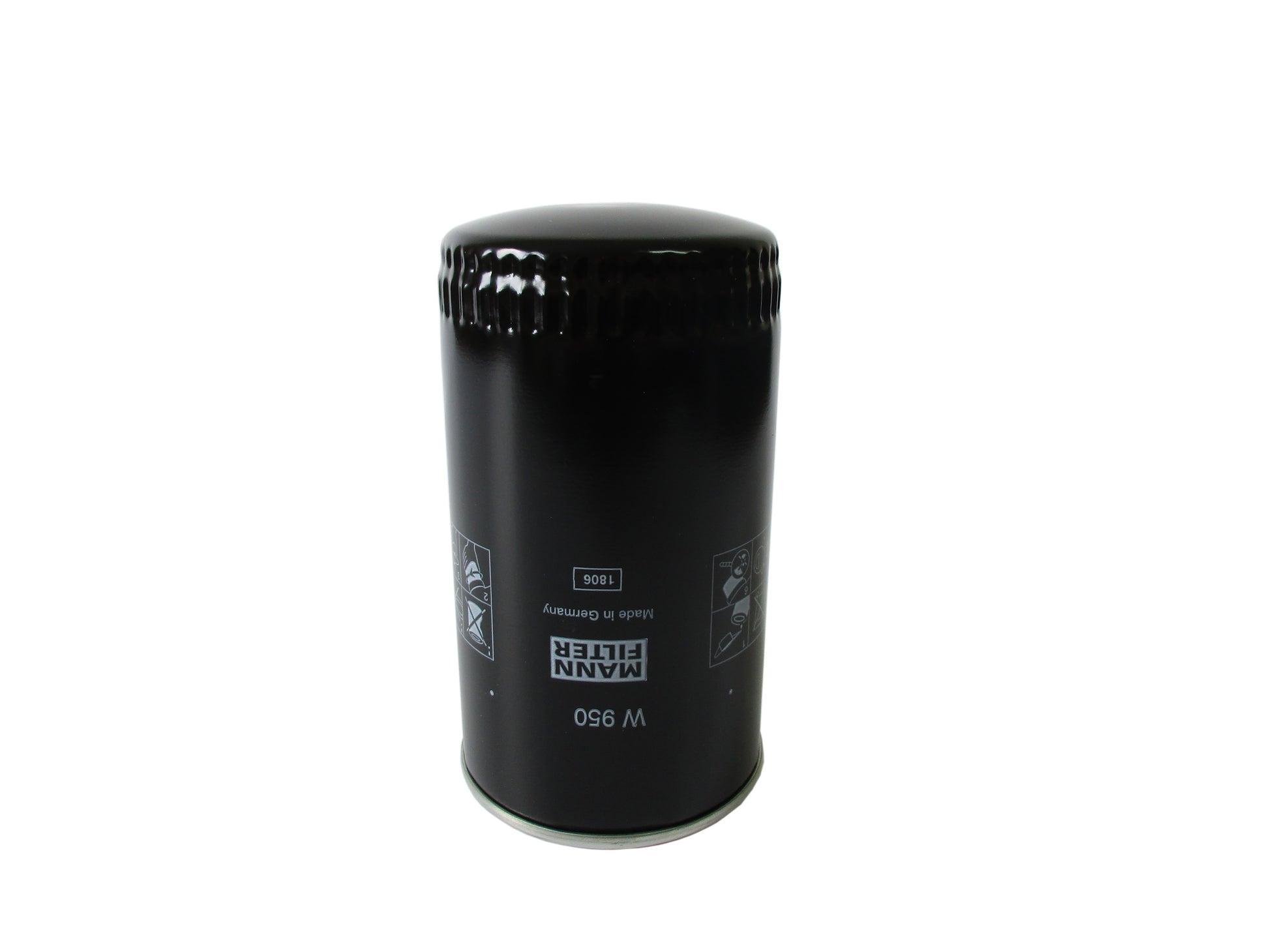 A black cylindrical oil filter with white printed text and symbols, including the brand name Mann Filter and part number W 950, shown on a plain white background.