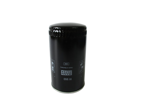 A black cylindrical oil filter with white printed text and symbols, including the brand name Mann Filter and part number W 950, shown on a plain white background.